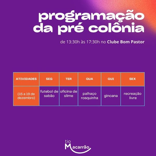programação pré-colônia Tio Macarrão